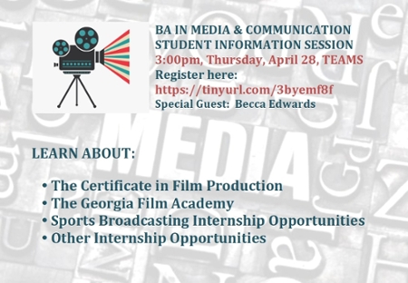 Media and communications info session flyer.