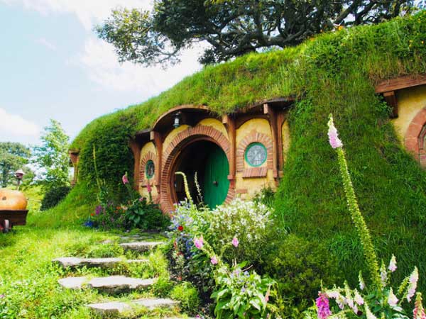 Hobbit-house on a hillside surrounded by flowers.