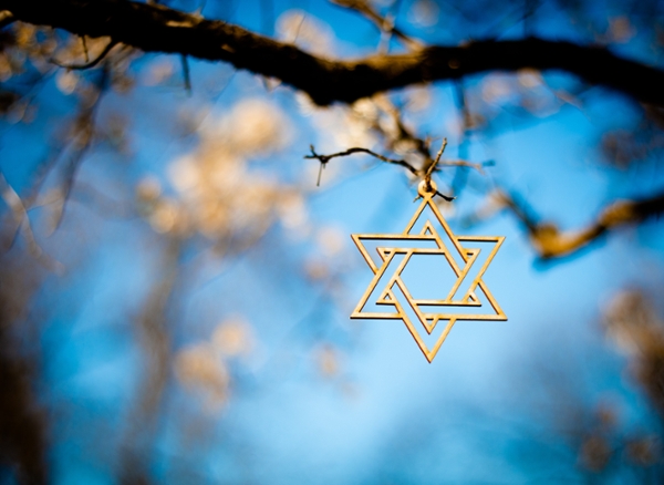 Star of David hanging from a tree.