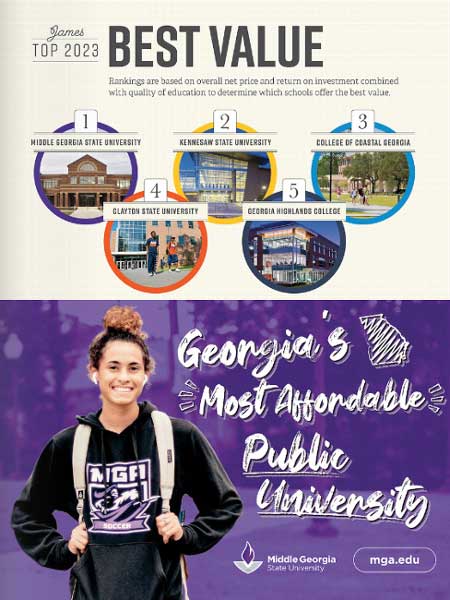 Graphic announcing that Middle Georgia State University was ranked #1 for Best Value in the JAMES Magazine Online 2023 Education Issue. 