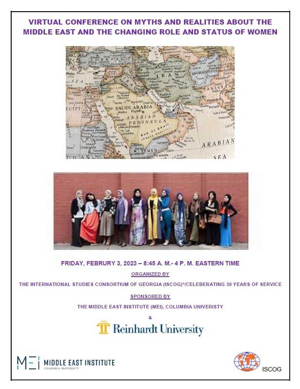 Flyer for the virtual conference, "MYTHS AND REALITIES ABOUT THE MIDDLE EAST AND THE CHANGING ROLE AND STATUS OF WOMEN."