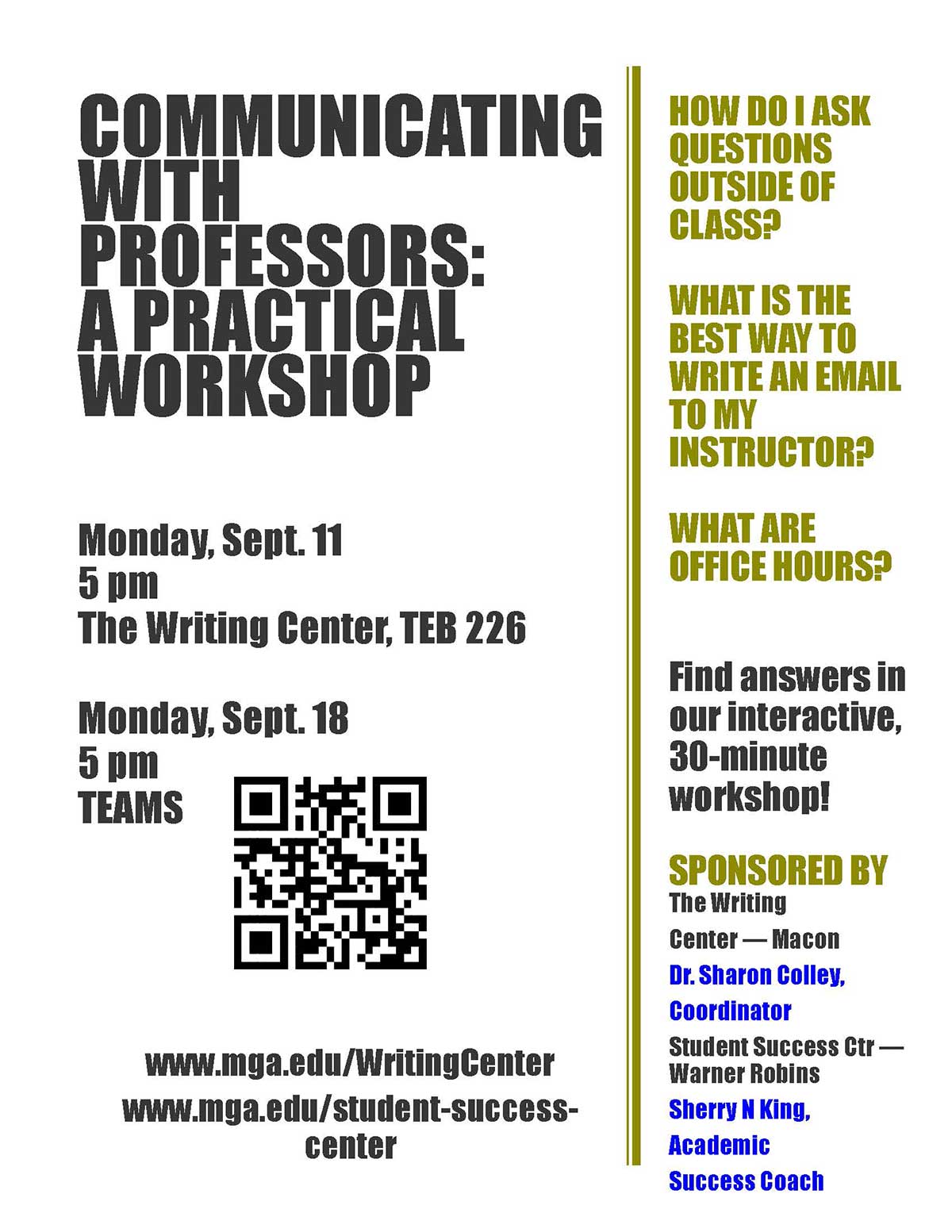 Communicating with Professors: A Practical Workshop flyer.