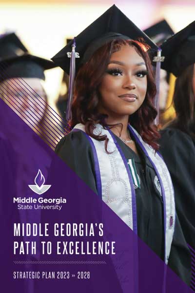 The cover of MGA's new strategic plan featuring an MGA graduate in her cap and gown at a commencement ceremony. 