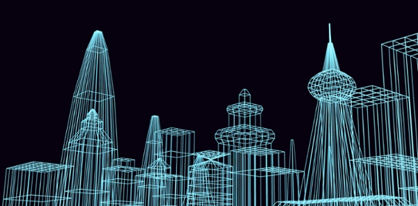 Digital model of a city skyline. 