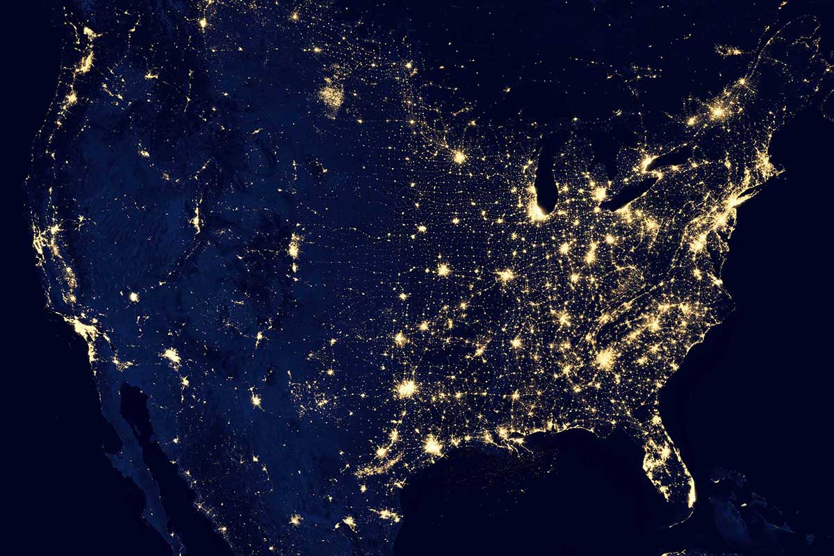 Aerial photo of city lights in the United States during the night.