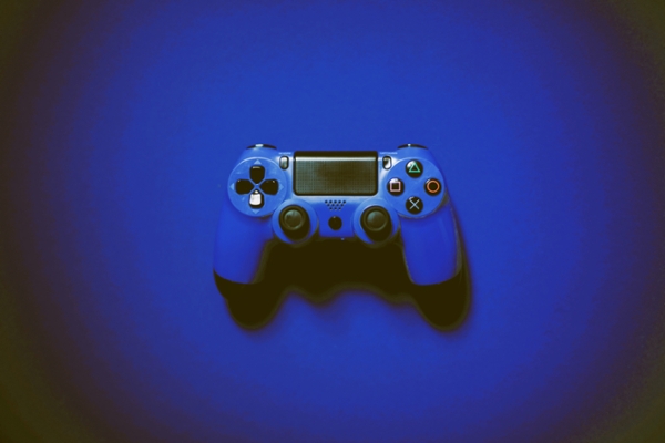 Blue PlayStation 4 controller.