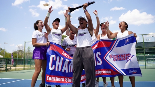 Knights women's tennis team with their SSAC Championship trophy.