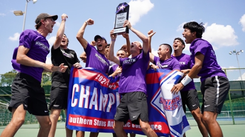 Knights men's tennis team with their SSAC Championship trophy.