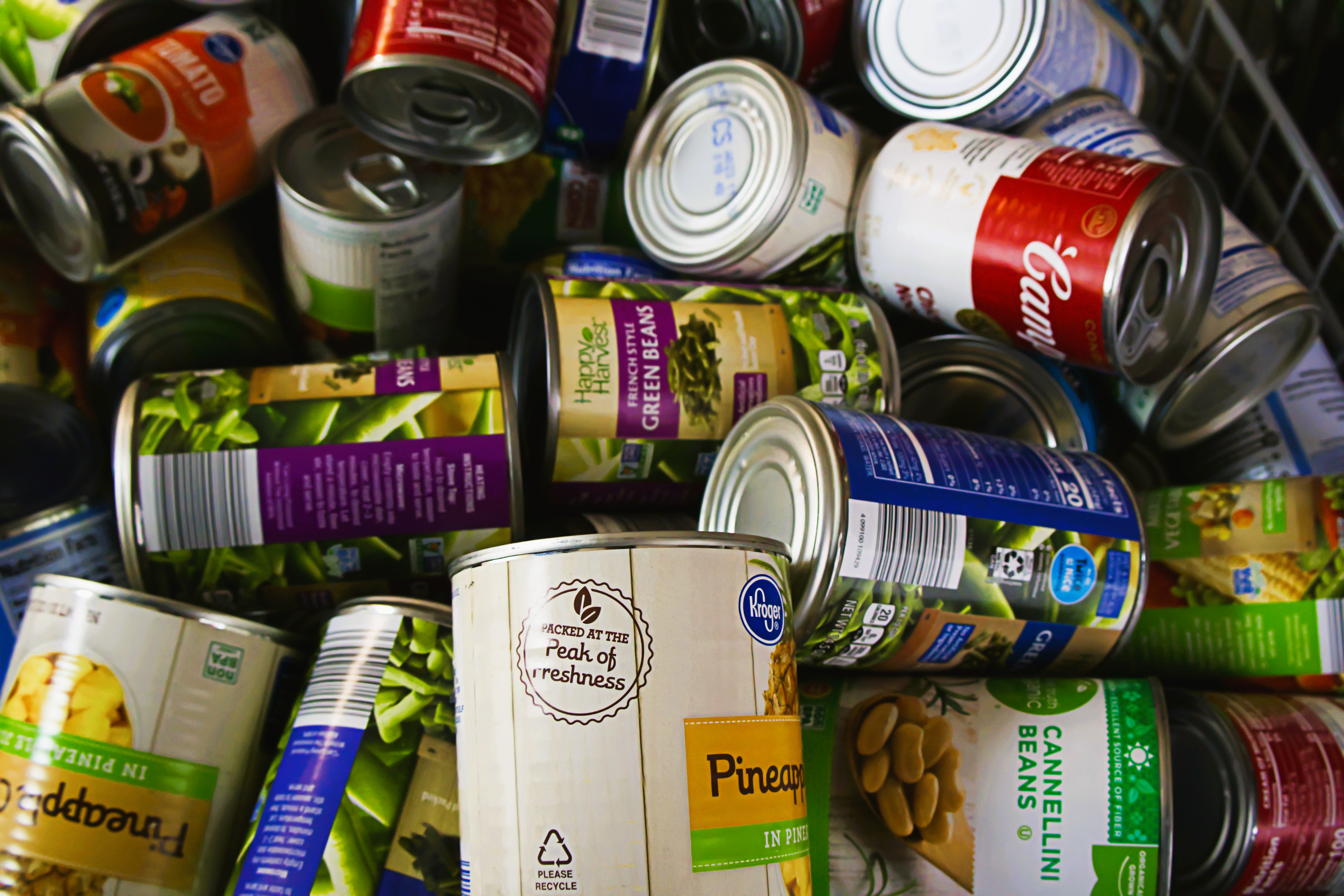 Pile of canned goods. 