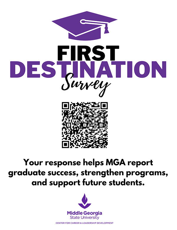 Flyer with a QR code to the survey, with text reading, "Your response helps MGA report graduate success, strengthen programs, and support future students."