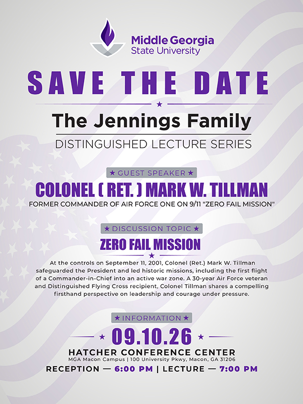 Event flyer for the MGA Jennings Family Distinguished Lecture Series featuring Ret. Colonel Mark W. Tillman. All event details are in the post caption.