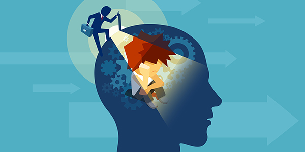 A conceptual illustration featuring a silhouette of a human head filled with gears, where a tiny figure in a suit shines a spotlight on a sad, hunched-over character inside the mind.
