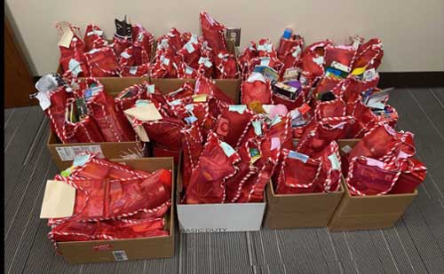 Stockings stuffed with toys by MGA faculty and staff.