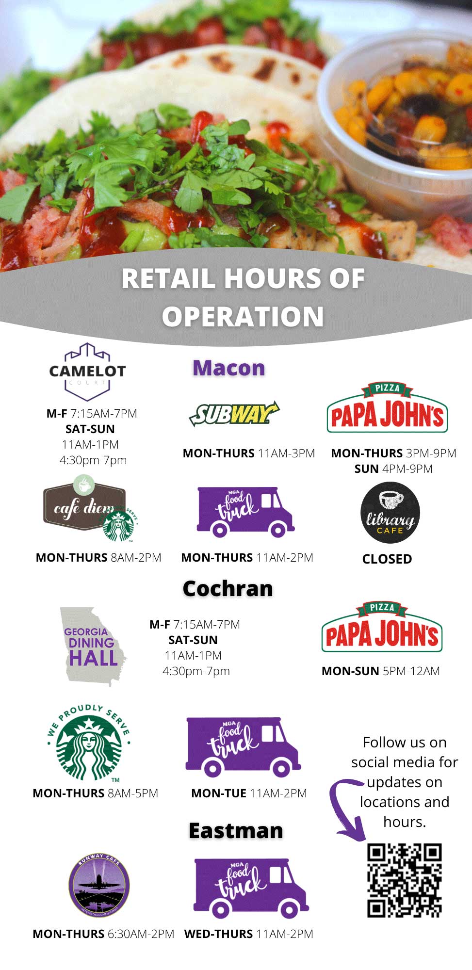 MGA dining hours of operation poster.