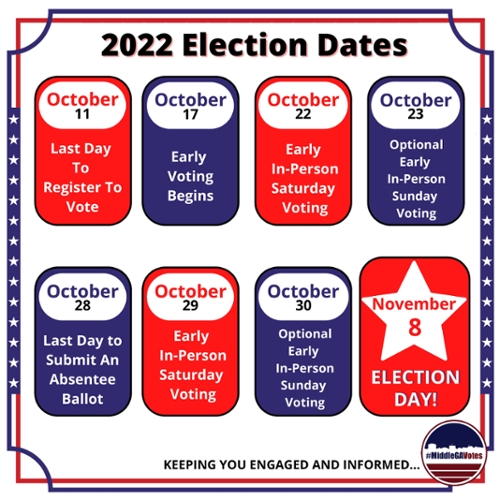 Reminders from #MiddleGAVotes about voter registration deadlines and early voting options.