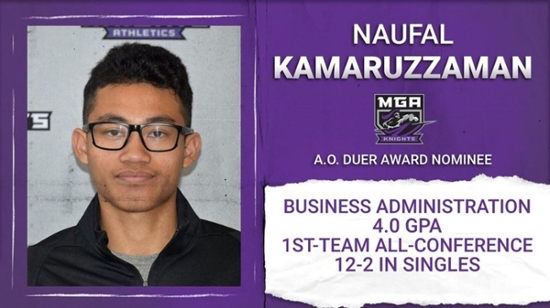 Middle Georgia State men's tennis student-athlete Naufal Kamaruzzaman has been selected as the SSAC's male A.O. Duer Scholarship Award nominee for 2021-22.