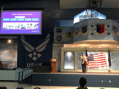 Faculty presenting at the Middle Georgia STEM City Expo held in the Museum of Aviation. 