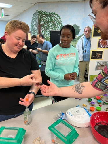 Professor and student displaying the hissing cockroaches.