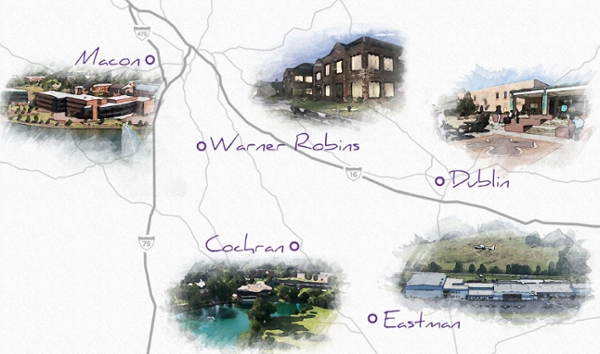 Collage of all 5 MGA campuses: Macon, Eastman, Cochran, Warner Robins, and Dublin.