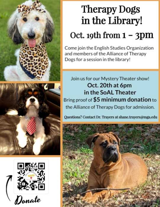 Flyer for therapy dogs and mystery theater show. 
