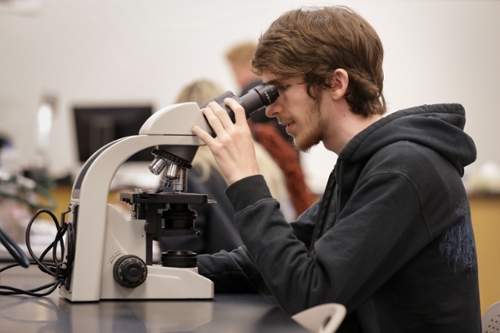Male MGA student looking in a microscope in a science lab.