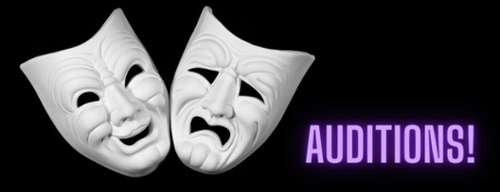 Graphic that displays the comedy & tragedy masks of theater with the word "audition" on top.