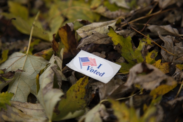 "I voted" sticker laying in leaves. 
