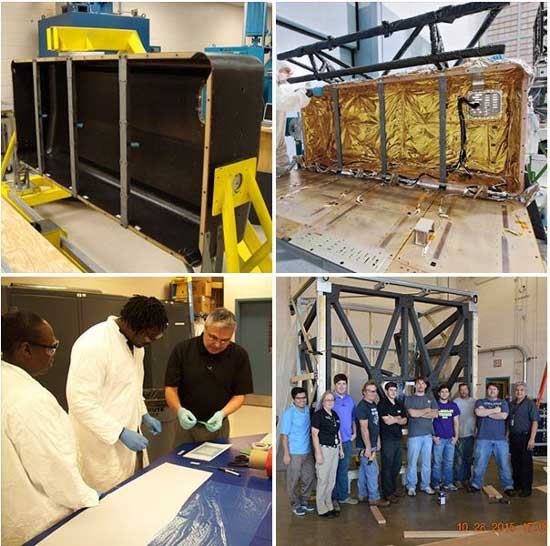 Clockwise: The Integrated Equipment Compartment shell developed by Rick Krontz and his students at MGA's Institute for Applied Aerospace Research; the same shell equipped with radiator panels during James Webb Space Telescope assembly; two photos of Krontz and some of the student interns he worked with over the years at the institute.