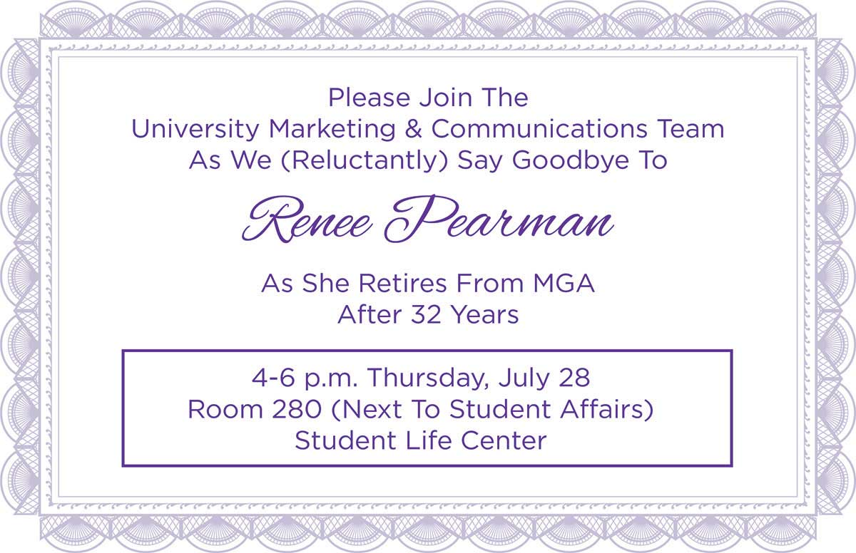 Invitation to Renee Pearman's retirement celebration.