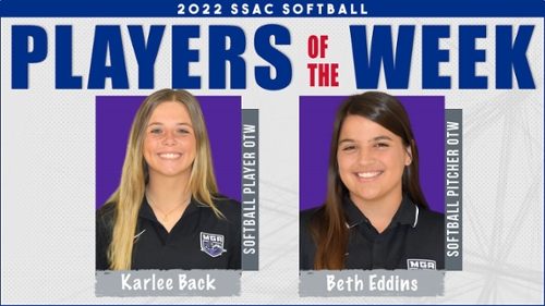 Karlee Back being named SSAC Softball Player of the Week and Beth Eddins being named SSAC Softball Pitcher of the Week