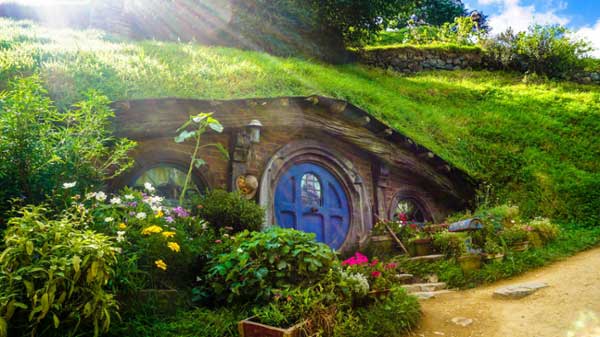 Hobbit house on a hillside in  the sunshine surrounded by flowers. 