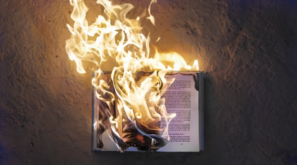 A book lays open on its spine while on fire.