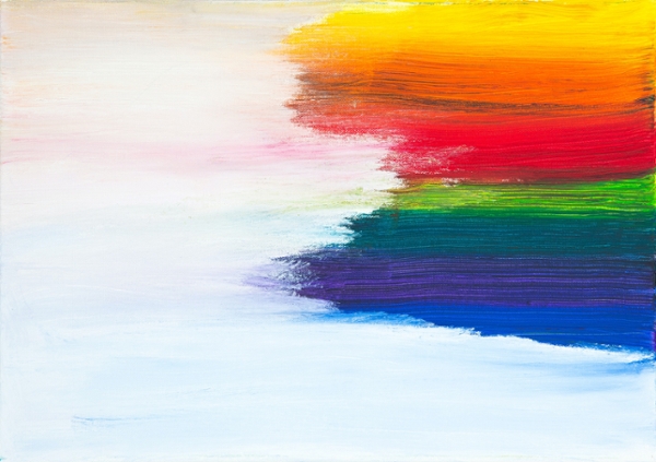 Abstract painting with rainbow-like colors on a white canvas.