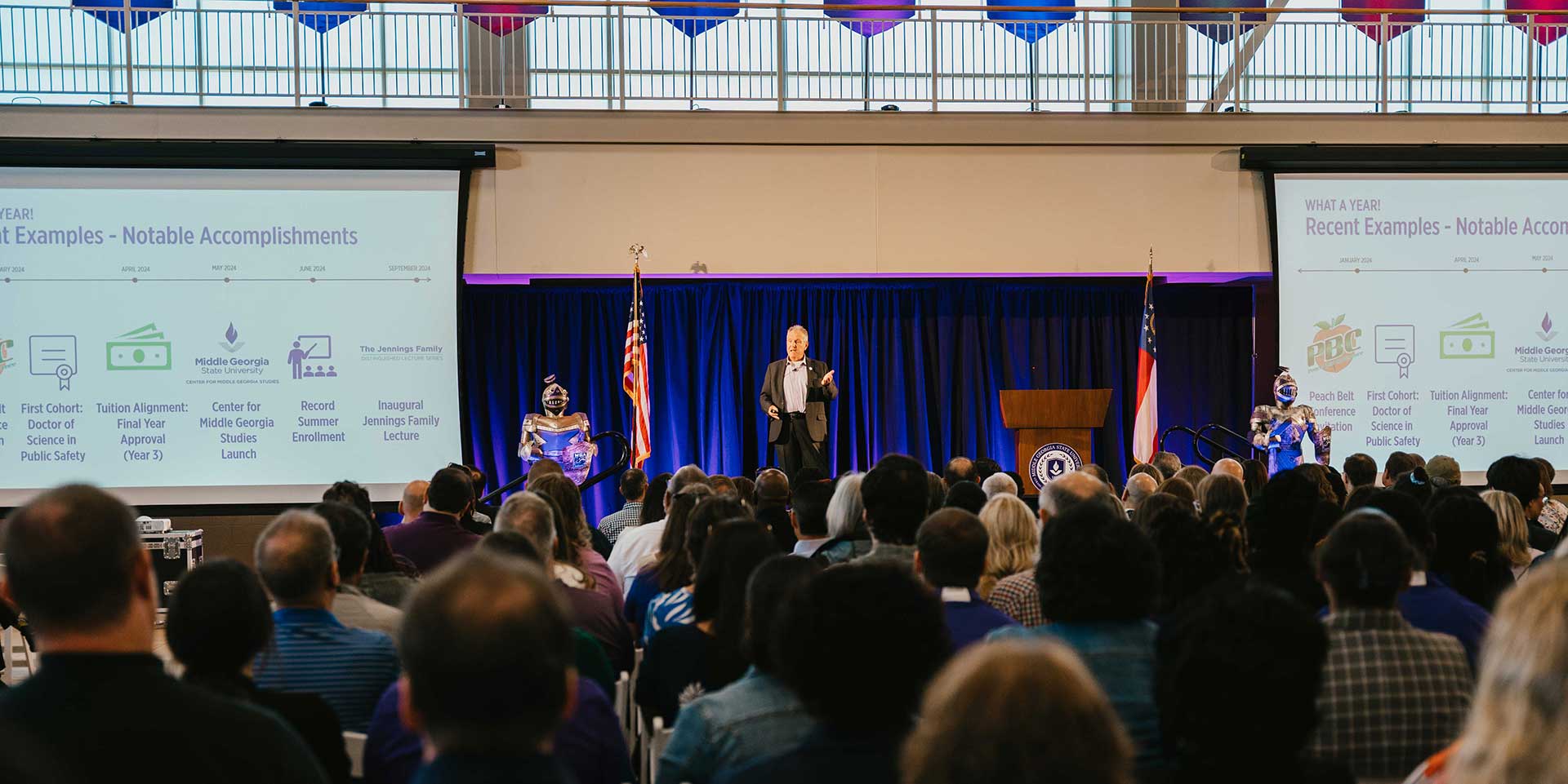 Crowd listens to President Blake speak at 2024 Convocation.