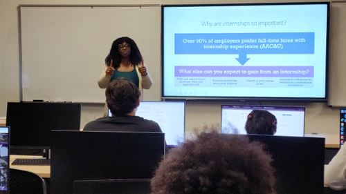 Barneika Williams and Dr. Mary Roberts from the Center for Career Leadership & Development alongside representatives from the Warner Robins Logistics Complex (WR-ALC) at Robins Air Force Base to discuss internship opportunities with IT students.