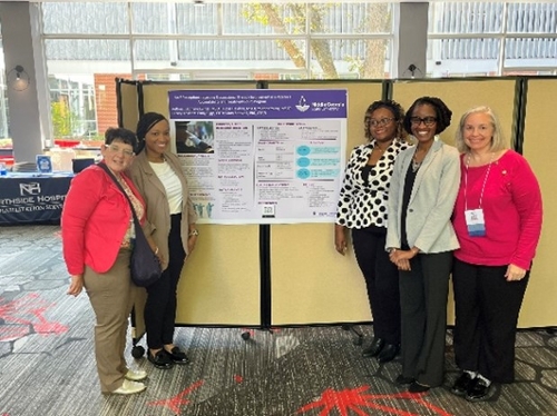 Dr. Mary Shotwell, adjunct instructor in the MSOT program, Dr. Riggs, and four recent graduates from the first cohort of the MSOT program (Yolanda Young, Alexis Hawkins, Daphyne Ewings, and Tonya Anglon), present poster presentations on occupational therapy’s role in a Veterans Treatment Court.