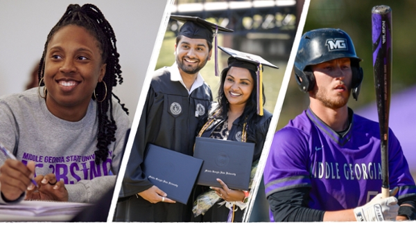 Collage of MGA students studying, playing baseball, and graduating at commencement.