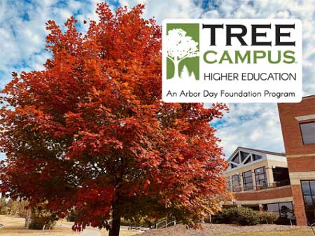 Scenic shot of MGA's Macon Campus with the Tree Campus USA logo overlapped.