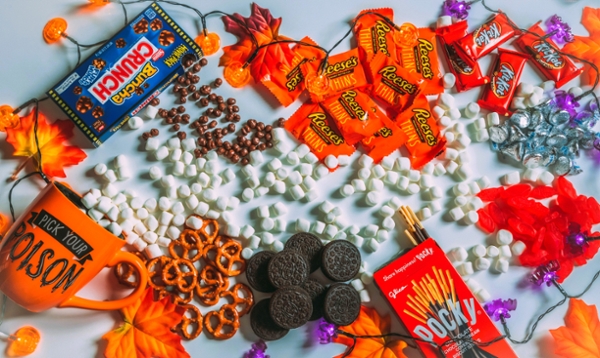 Flatlay of various Halloween candies. 