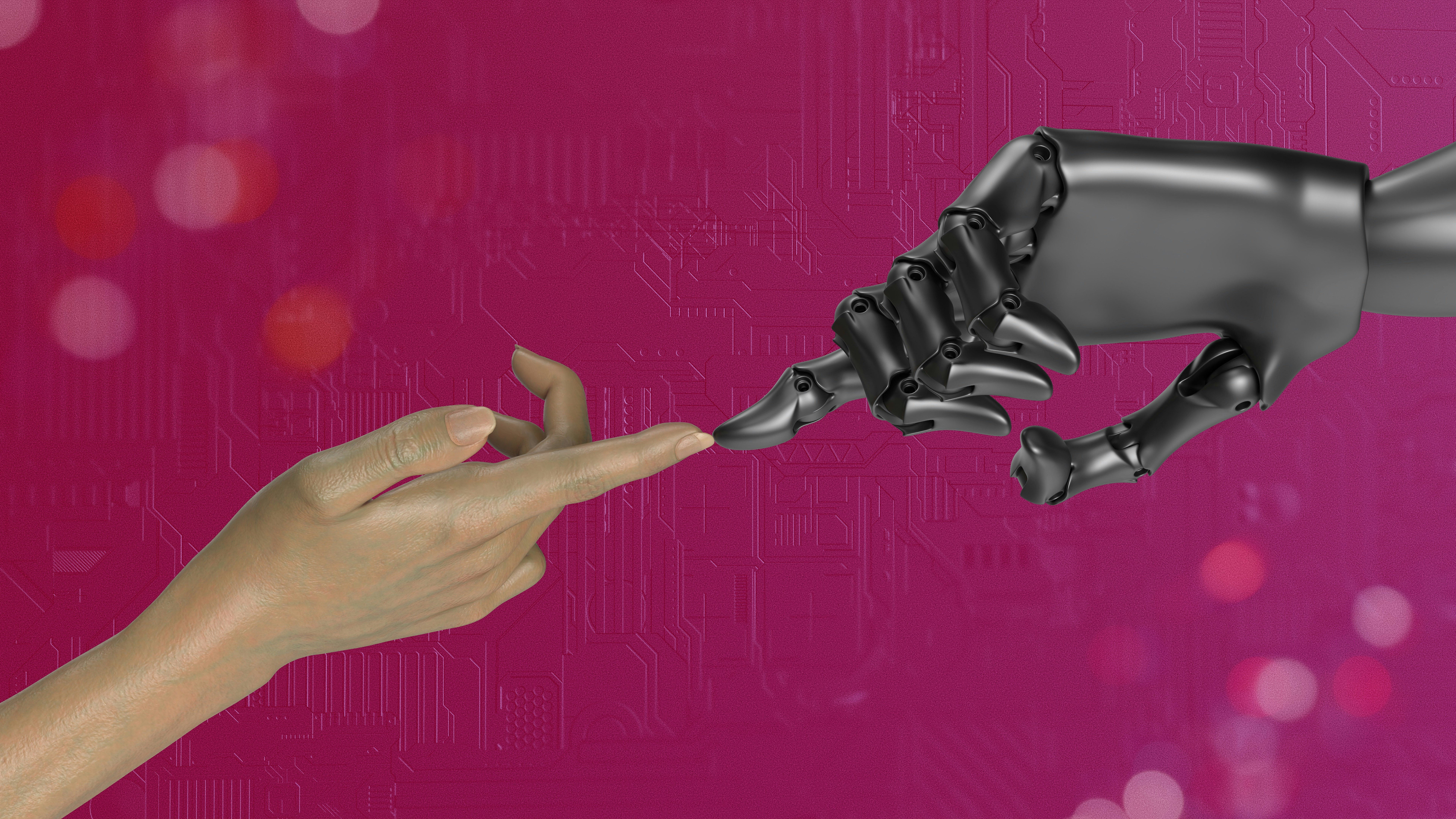 Robot and humand hands reaching out to touch one another against a pink background. 