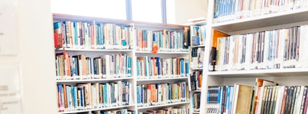 Bookshelves in a library. 