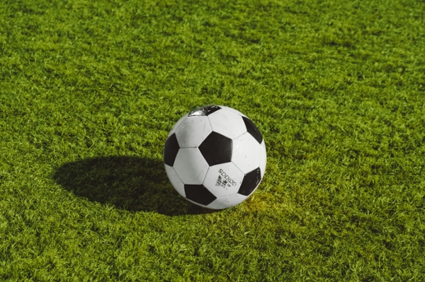 Soccer ball resting on a field. 