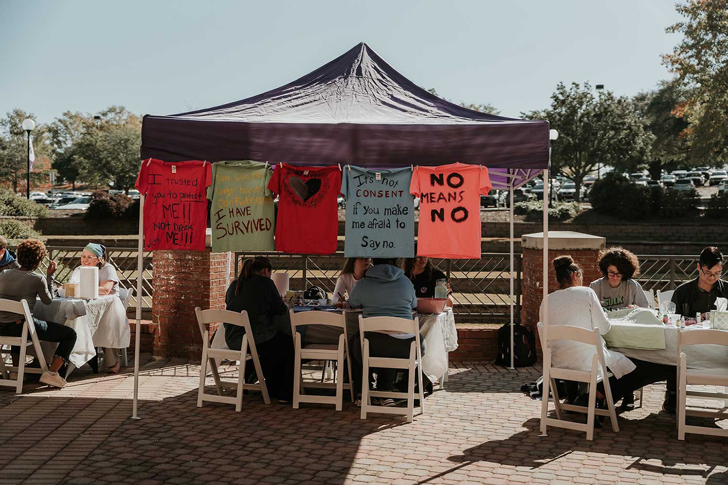 T-shirts displayed on the Macon Campus as part of The Clothesline Project.
