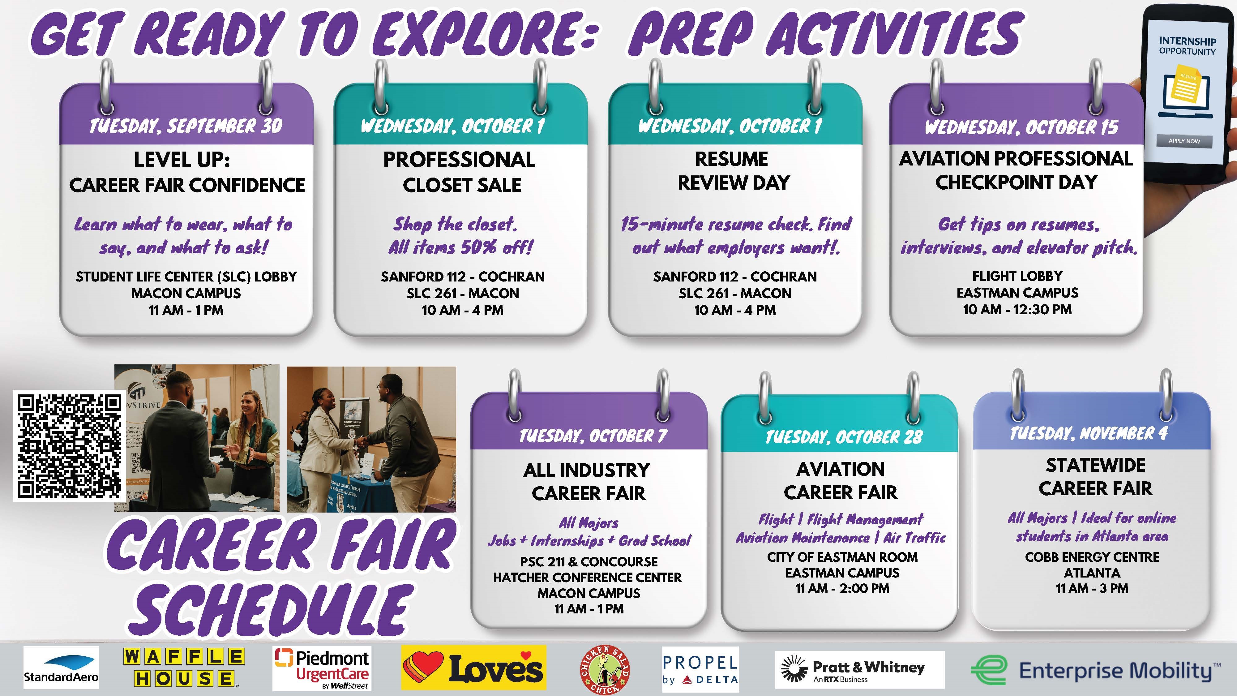 MGA's Career & Leadership Development has several career fair opportunities coming up in October and November, including the All Industry Career Fair: Jobs + Internships + Graduate School on Oct. 7 from 11 a.m. to 2 p.m. in the banquet room and concourse in the Professional Sciences Center on the Macon Campus.