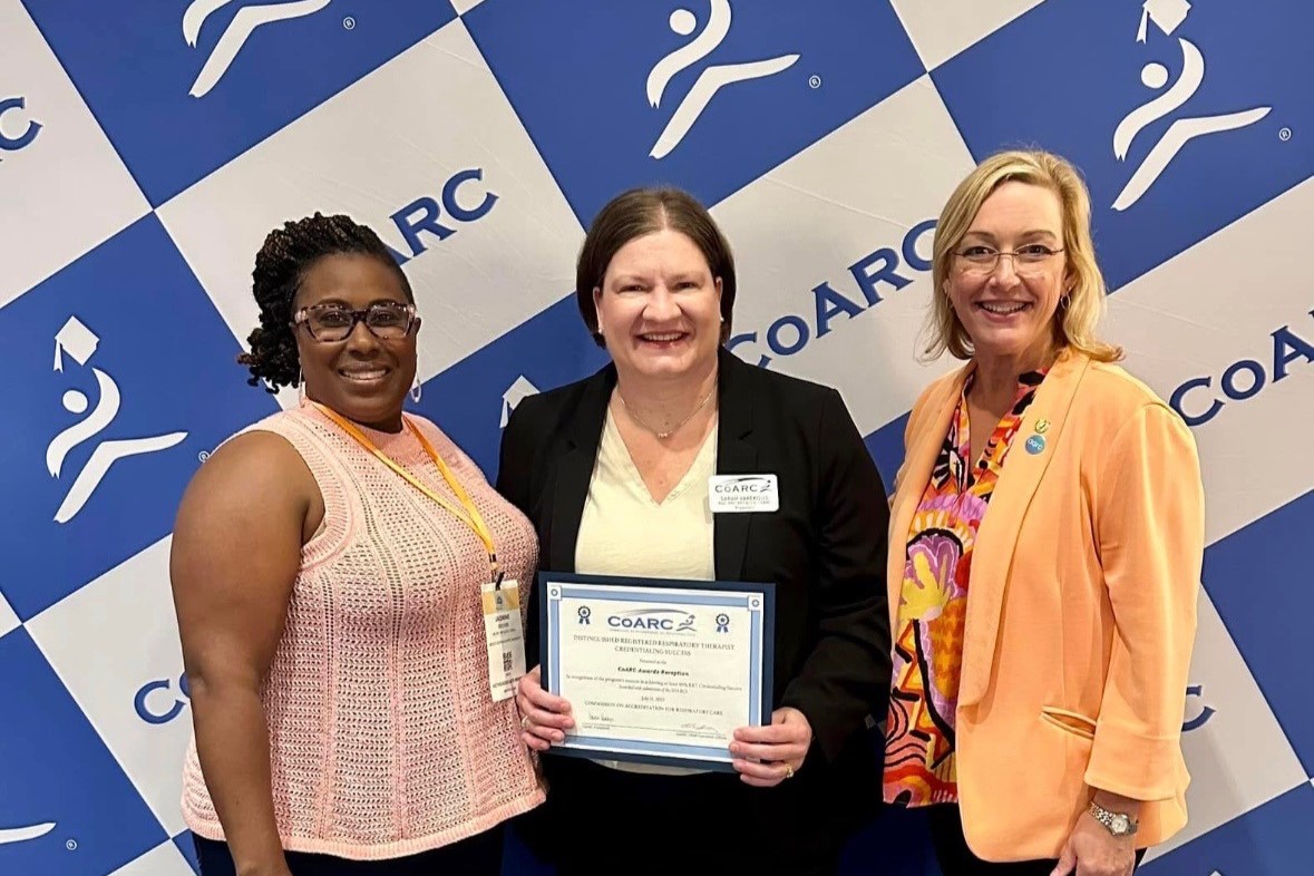 Jasmine Brown, director of clinical education, and Teri Miller, department chair, attended the annual CoARC awards ceremony to receive the Distinguished Registered Respiratory Therapist Credentialing Success Award on behalf of MGA.