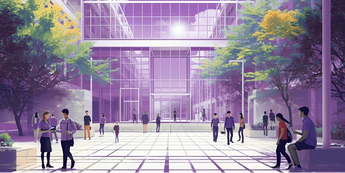 AI generated art of people outside of a glass building. 