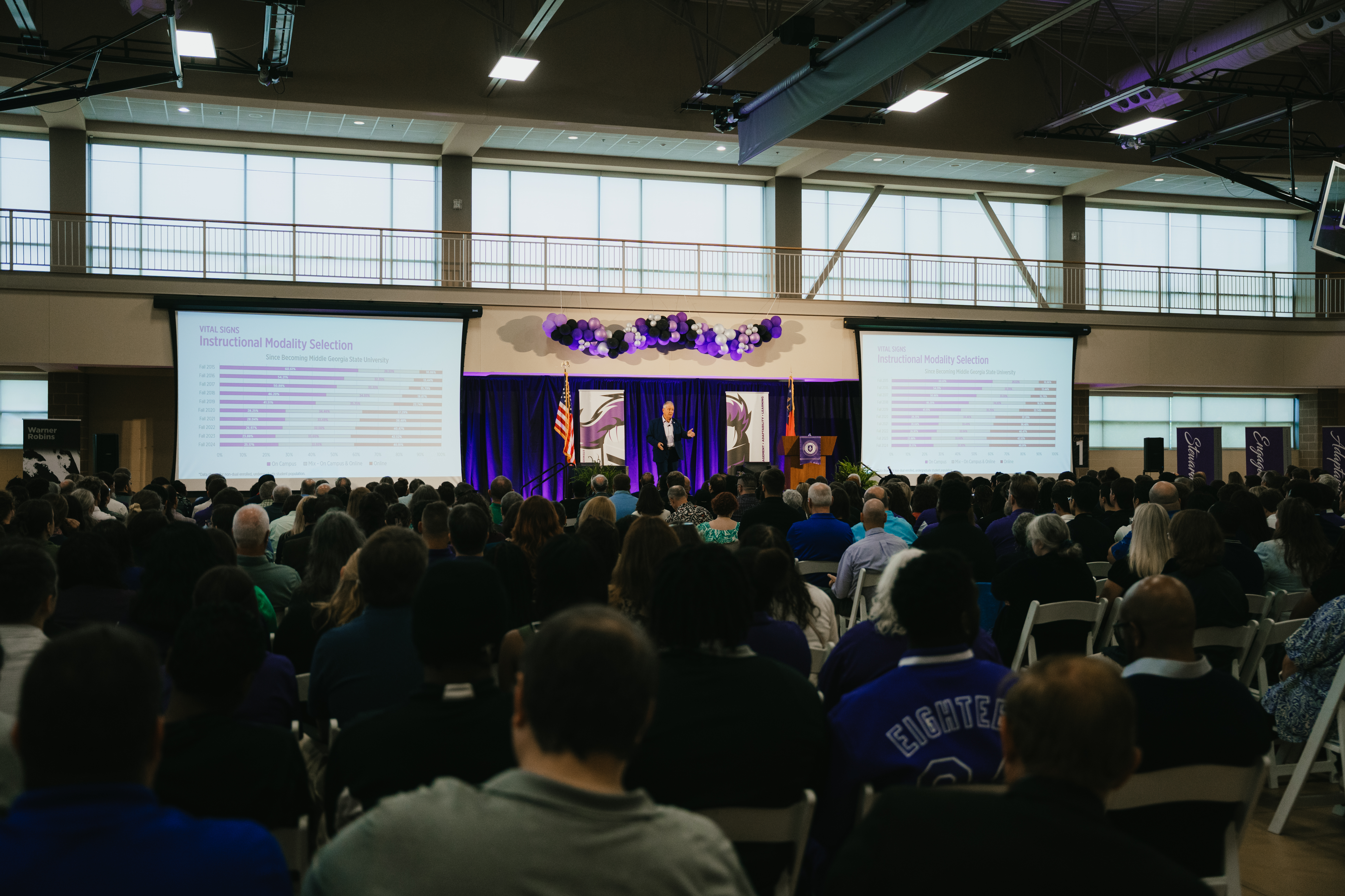 MGA President Chris Blake presents to faculty and staff at Fall 2025 Convocation.