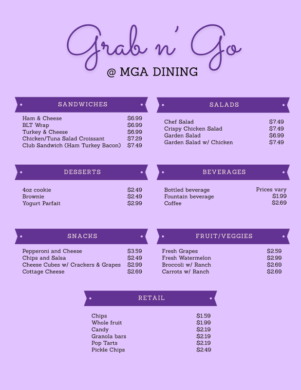 MGA Dining has provided an updated summer schedule and meal options for faculty and staff on the Macon and Cochran campuses.