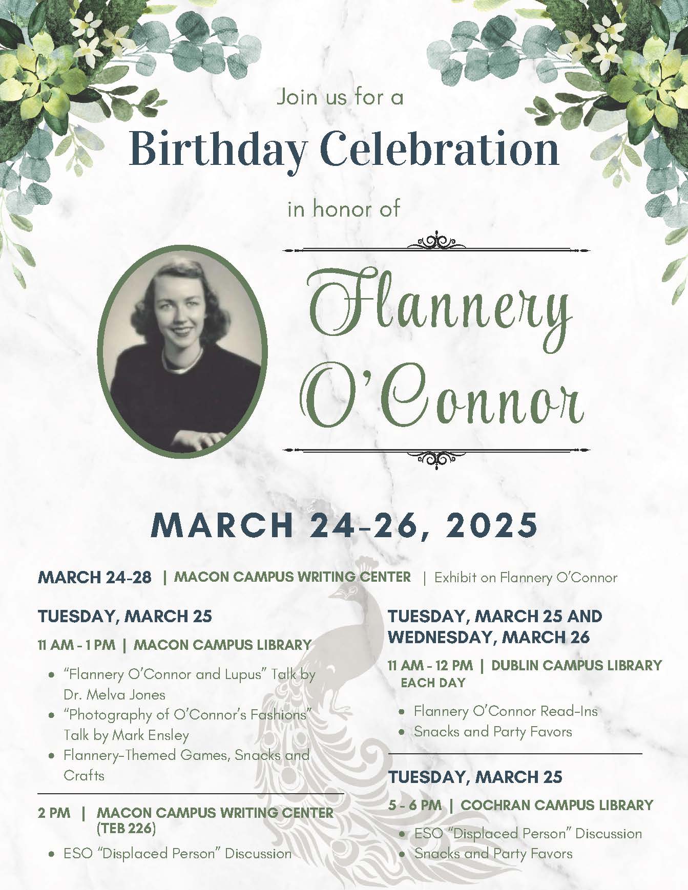 Middle Georgia State University (MGA) is highlighting Flannery O’Connor’s impact on the region with a celebration of what would have been the author’s 100th birthday.  Dr. Monica Miller, associate professor of English, is the lead organizer of the March 24-26 festival, which includes a number of events hosted by the Department of English, the student English Studies Organization, MGA Library, and the Writing Center.