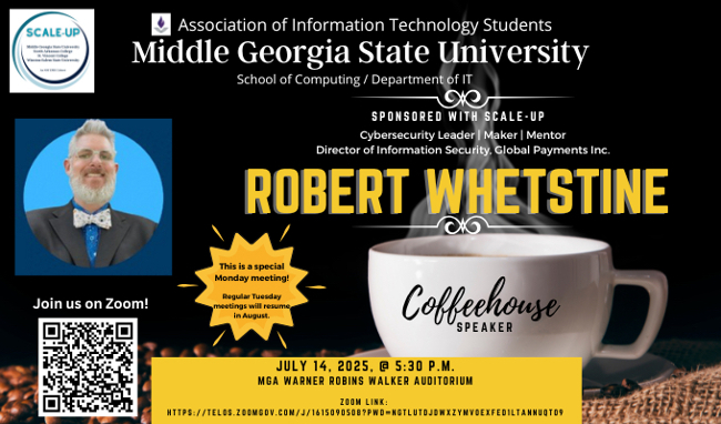 Middle Georgia State University's School of Computing and Middle Georgia ISC2, a cybersecurity professional group, will have a special Monday evening joint meeting on Monday, July 14, at 5:30 p.m. at MGA's Warner Robins Campus in Walker Auditorium.